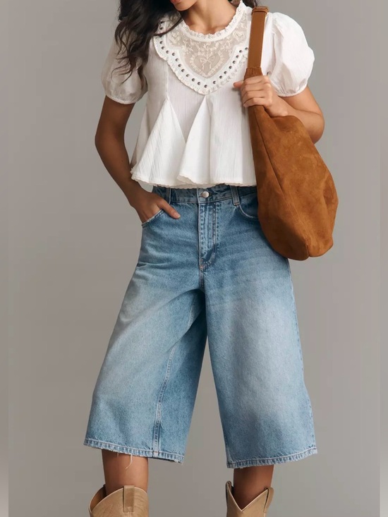 Pilcro Denim - Pilcro Mid Rise Culotte Denim 27 Medium Blue Jeans Wash Anthropologie NWT $138